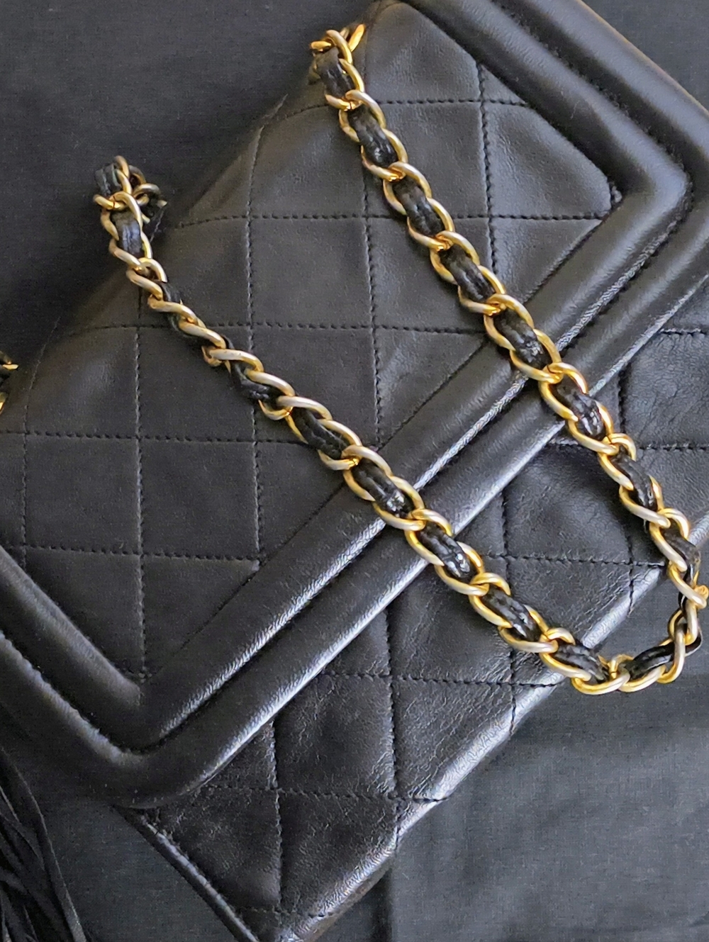 CHANEL Black Lambskin Quilted Flap Bag Tassel Chain W/ Sticker In Tact Vintage - Picture 7 of 14